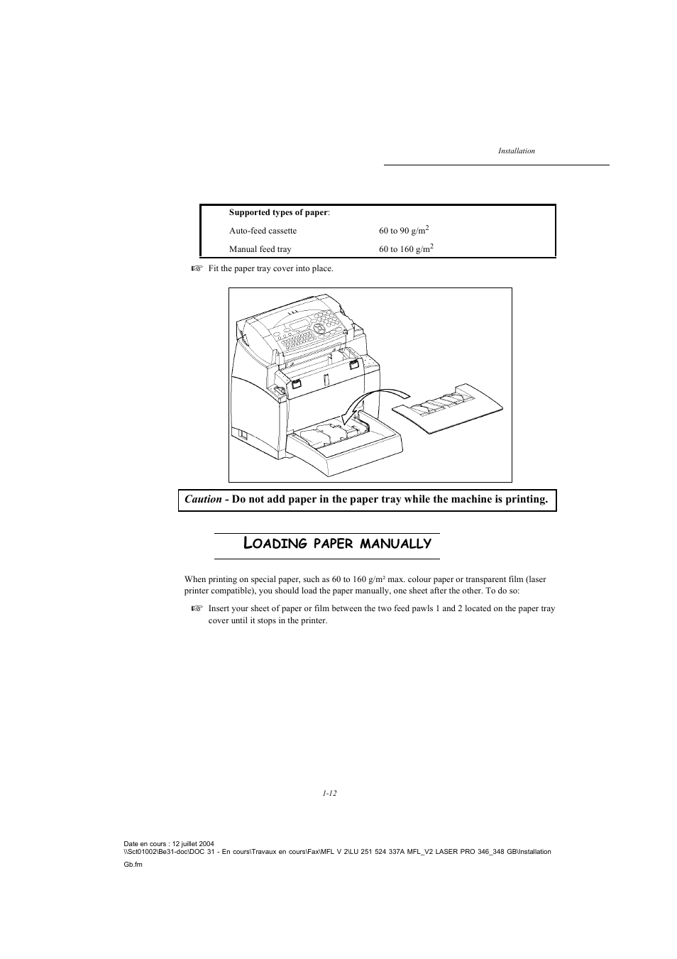 Loading paper manually, Oading, Paper | Manually | TA Triumph-Adler FAX 941 User Manual | Page 21 / 115