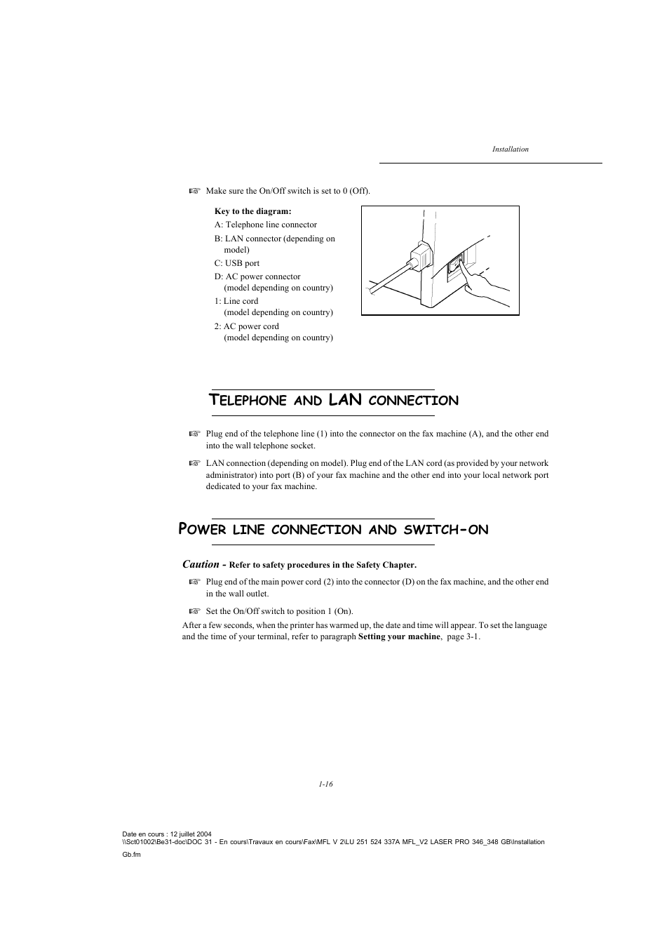 Telephone and lan connection, Power line connection and switch-on | TA Triumph-Adler FAX 941 User Manual | Page 25 / 115