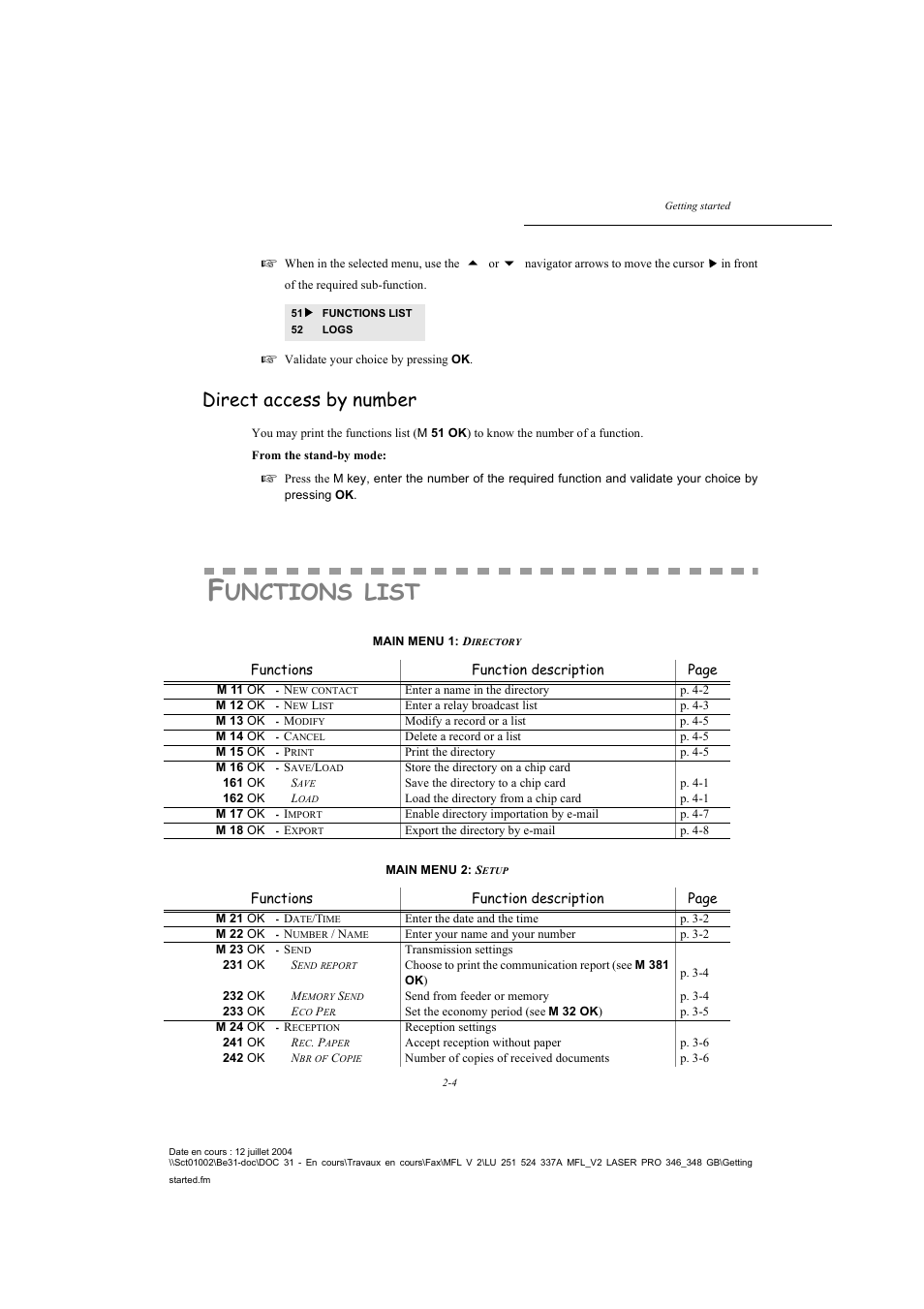 Direct access by number, Functions list, Unctions | List | TA Triumph-Adler FAX 941 User Manual | Page 29 / 115