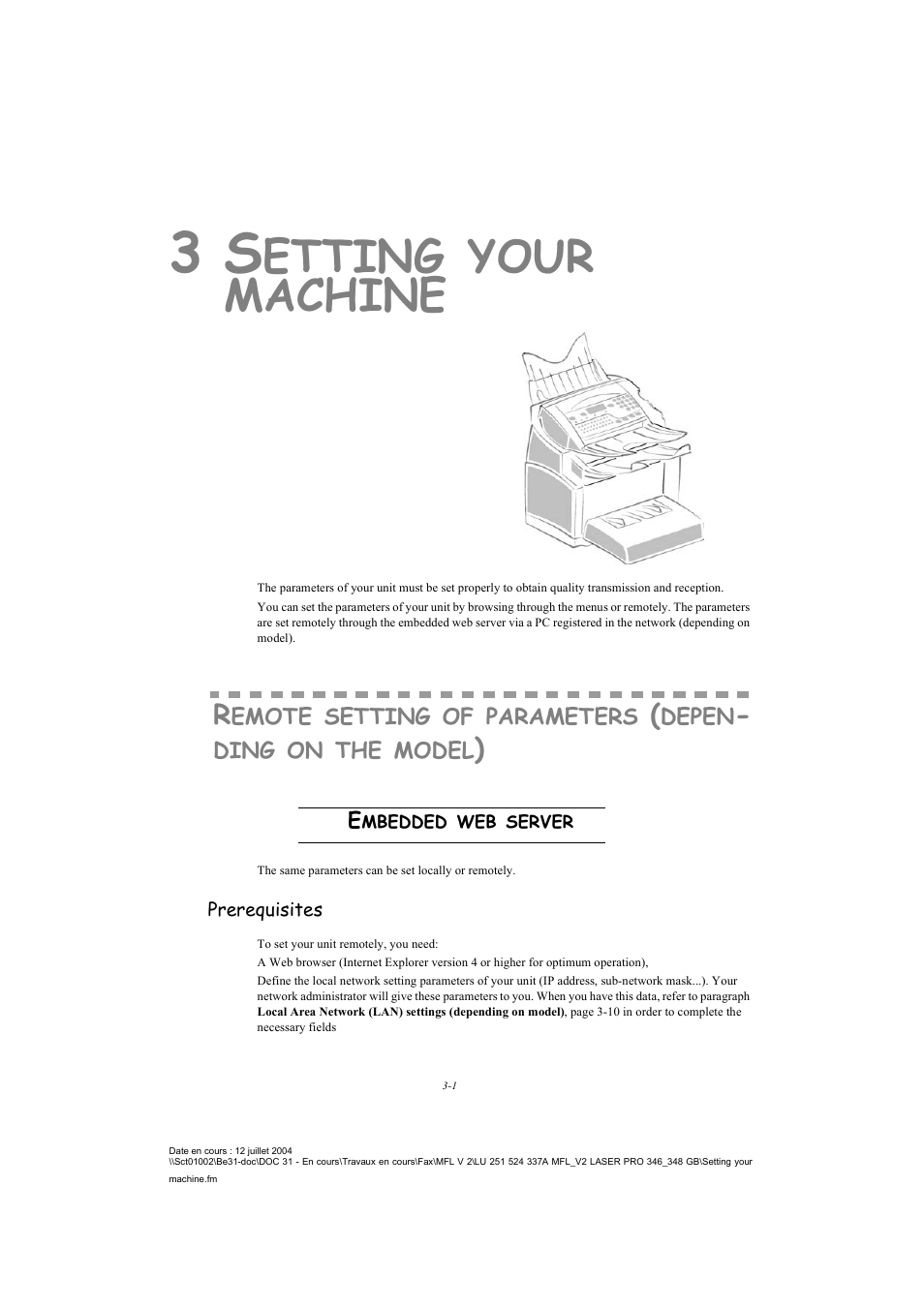 3 setting your machine, Embedded web server, Prerequisites | Etting, Your, Machine | TA Triumph-Adler FAX 941 User Manual | Page 34 / 115