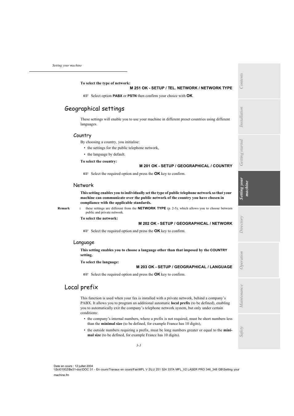 Geographical settings, Local prefix, P. 3-3 | TA Triumph-Adler FAX 941 User Manual | Page 36 / 115