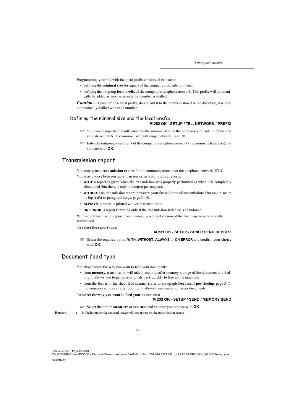 Transmission report, Document feed type, P. 3-4 | Caution, Defining the minimal size and the local prefix | TA Triumph-Adler FAX 941 User Manual | Page 37 / 115