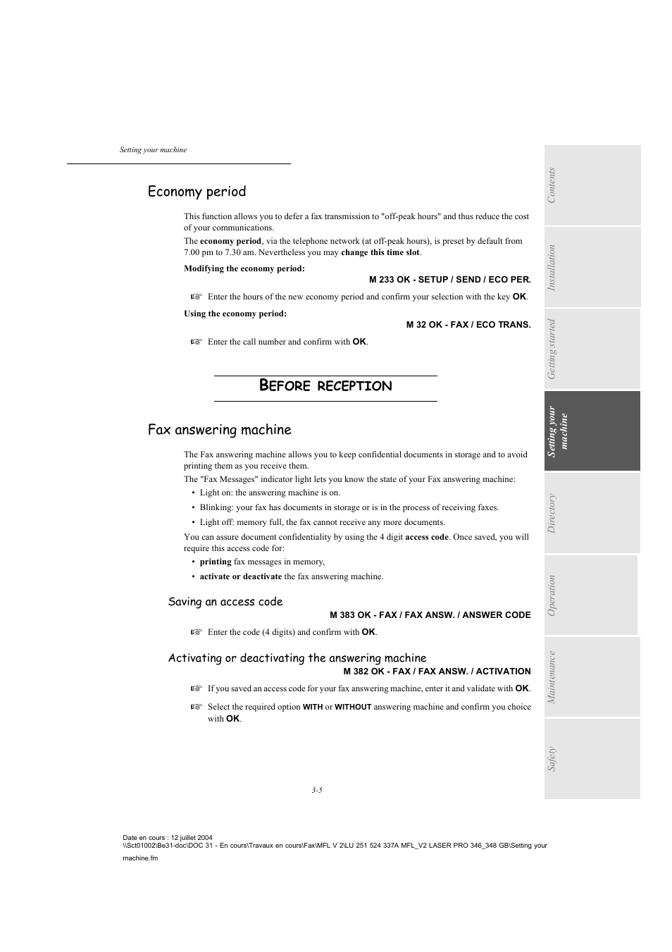 Economy period, Before reception, Fax answering machine | P. 3-5, Efore, Reception | TA Triumph-Adler FAX 941 User Manual | Page 38 / 115