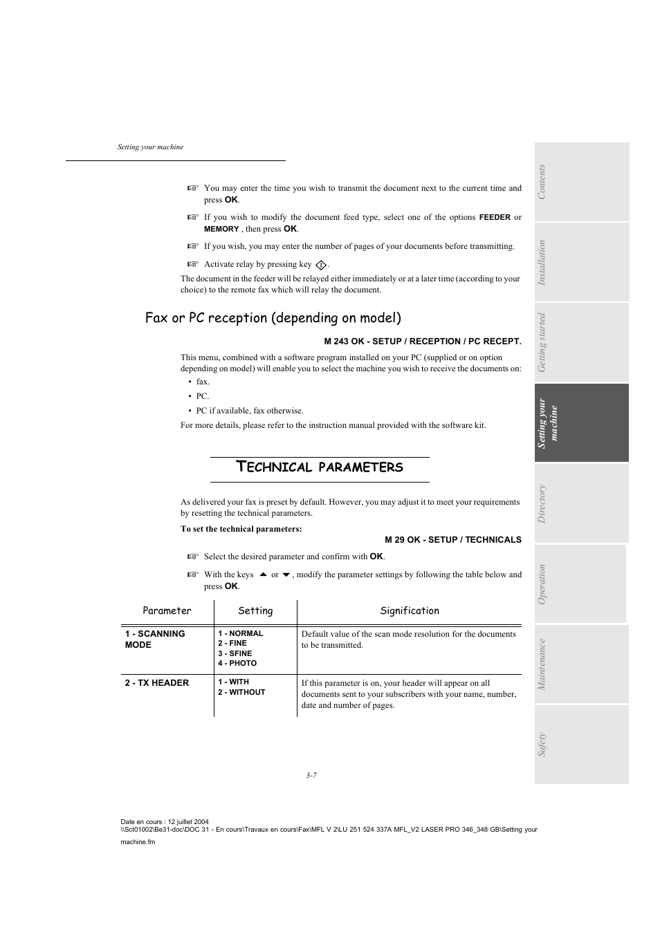 Fax or pc reception (depending on model), Technical parameters, P. 3-7 | Echnical, Parameters | TA Triumph-Adler FAX 941 User Manual | Page 40 / 115