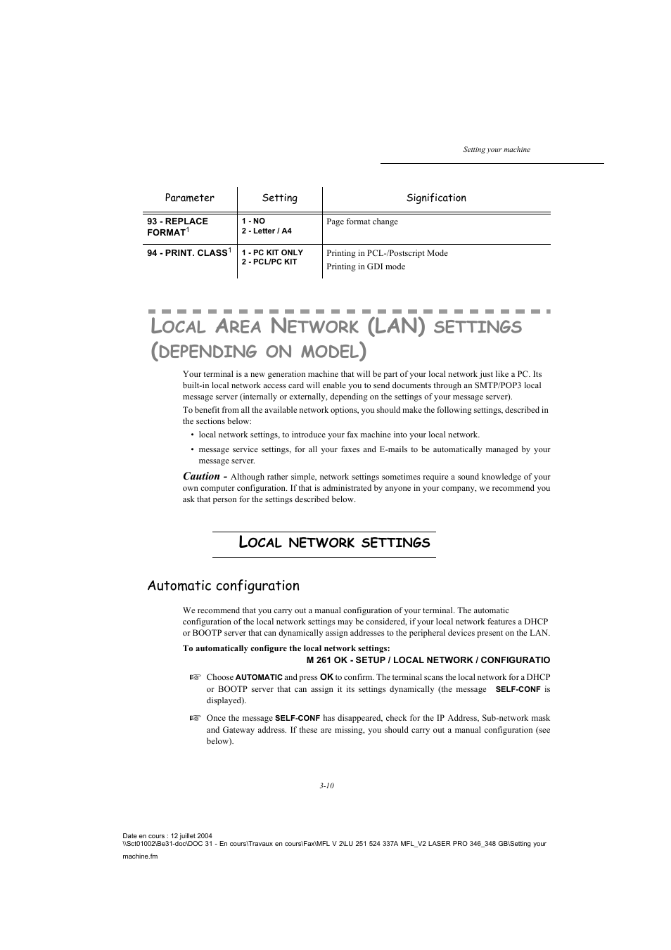 Local network settings, Automatic configuration, P. 3-10 | Lan), Ocal, Etwork, Settings, Depending, Model | TA Triumph-Adler FAX 941 User Manual | Page 43 / 115