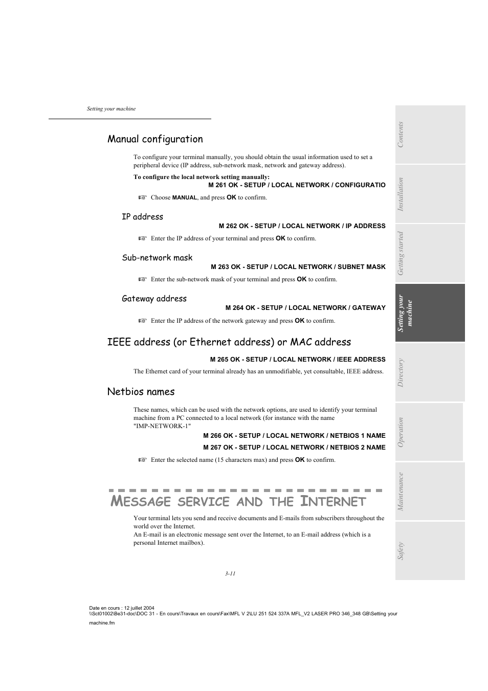 Manual configuration, Ieee address (or ethernet address) or mac address, Netbios names | Message service and the internet, P. 3-11, Essage, Service, Nternet | TA Triumph-Adler FAX 941 User Manual | Page 44 / 115