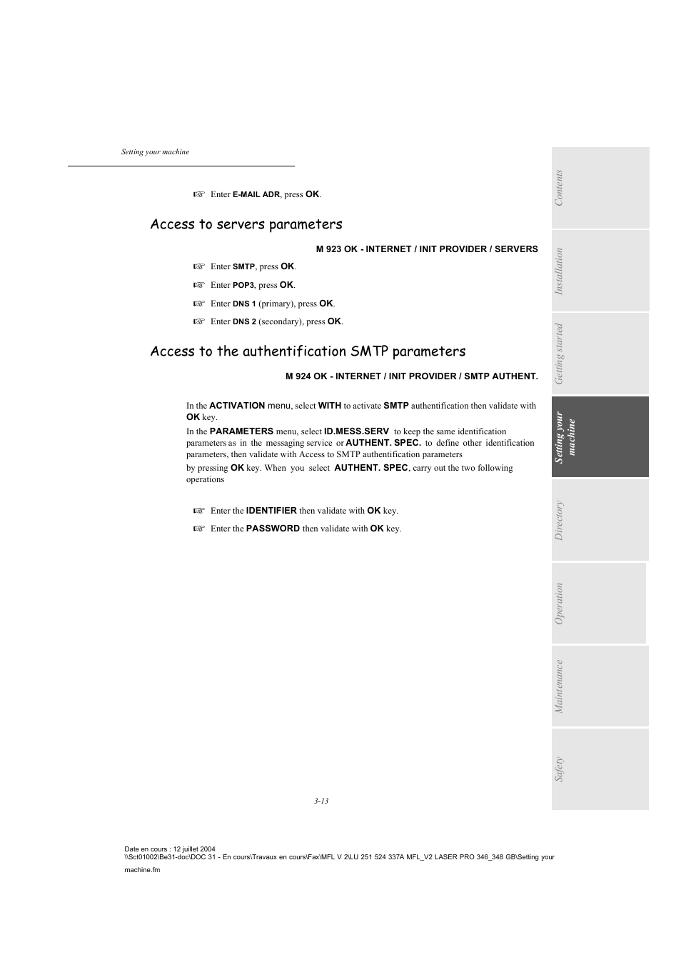 Access to servers parameters, Access to the authentification smtp parameters, P. 3-13 | TA Triumph-Adler FAX 941 User Manual | Page 46 / 115