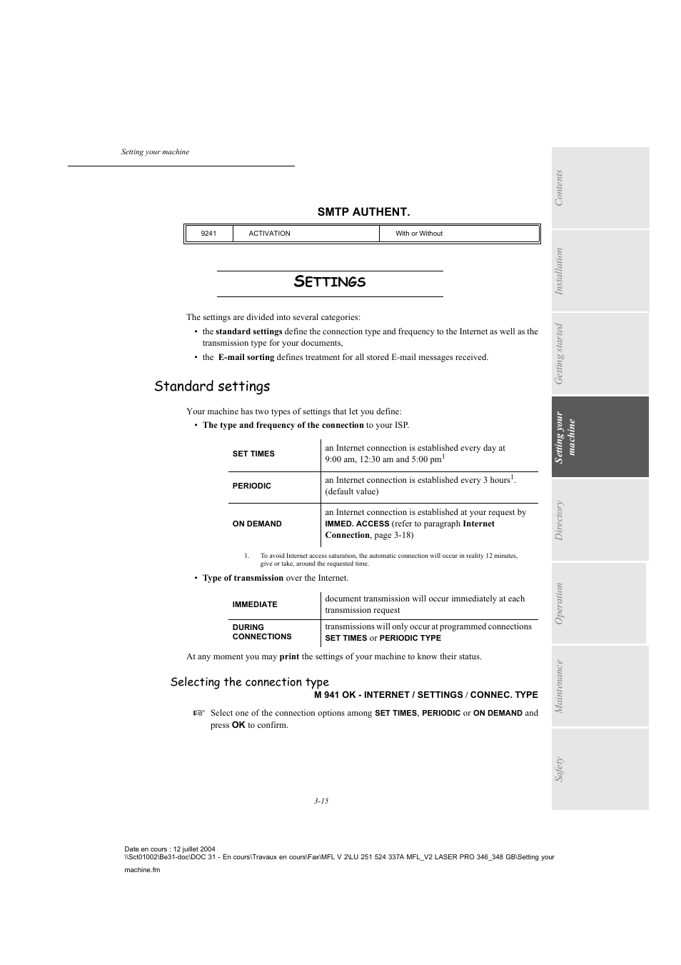 Settings, Standard settings, P. 3-15 | Ettings, Selecting the connection type, Smtp authent | TA Triumph-Adler FAX 941 User Manual | Page 48 / 115