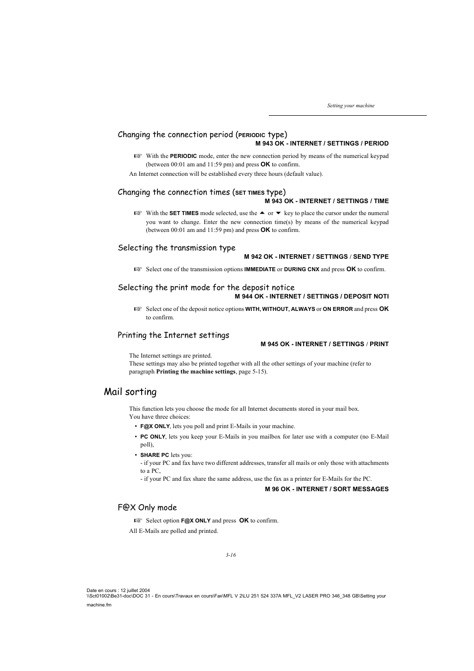 Mail sorting, P. 3-16, Changing the connection period | Type), Changing the connection times, Selecting the transmission type, Selecting the print mode for the deposit notice, Printing the internet settings, F@x only mode | TA Triumph-Adler FAX 941 User Manual | Page 49 / 115