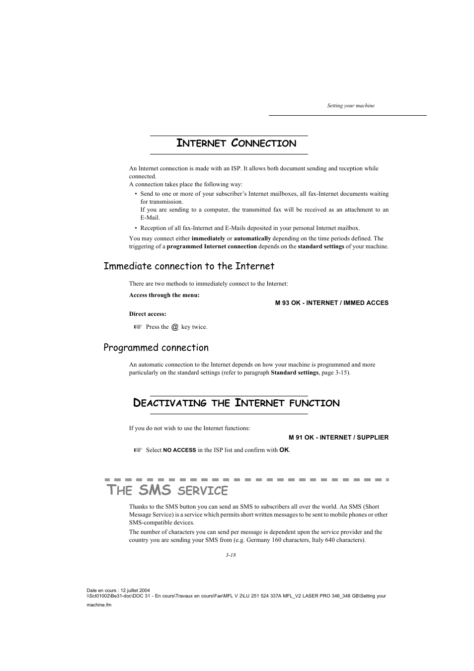 Internet connection, Immediate connection to the internet, Programmed connection | Deactivating the internet function, The sms service, P. 3-18, Refer to paragraph internet, Service | TA Triumph-Adler FAX 941 User Manual | Page 51 / 115