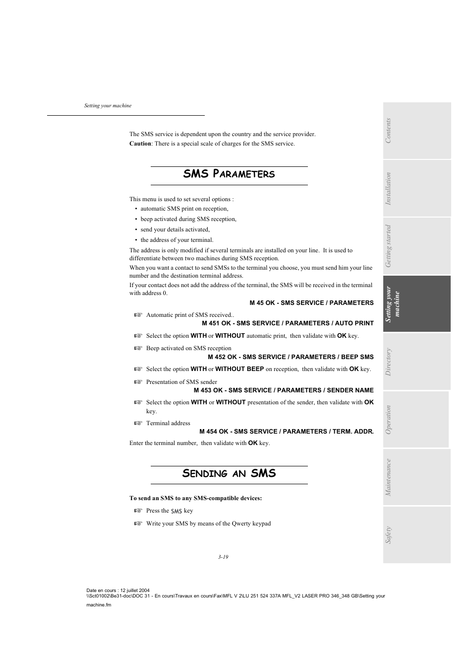 Sms parameters, Sending an sms, P. 3-19 | Sms p, Arameters, Ending | TA Triumph-Adler FAX 941 User Manual | Page 52 / 115