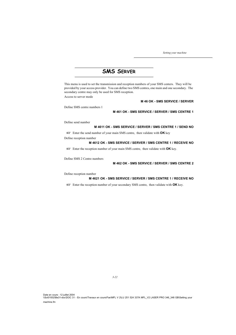 Sms server, P. 3-22, Sms s | Erver | TA Triumph-Adler FAX 941 User Manual | Page 55 / 115