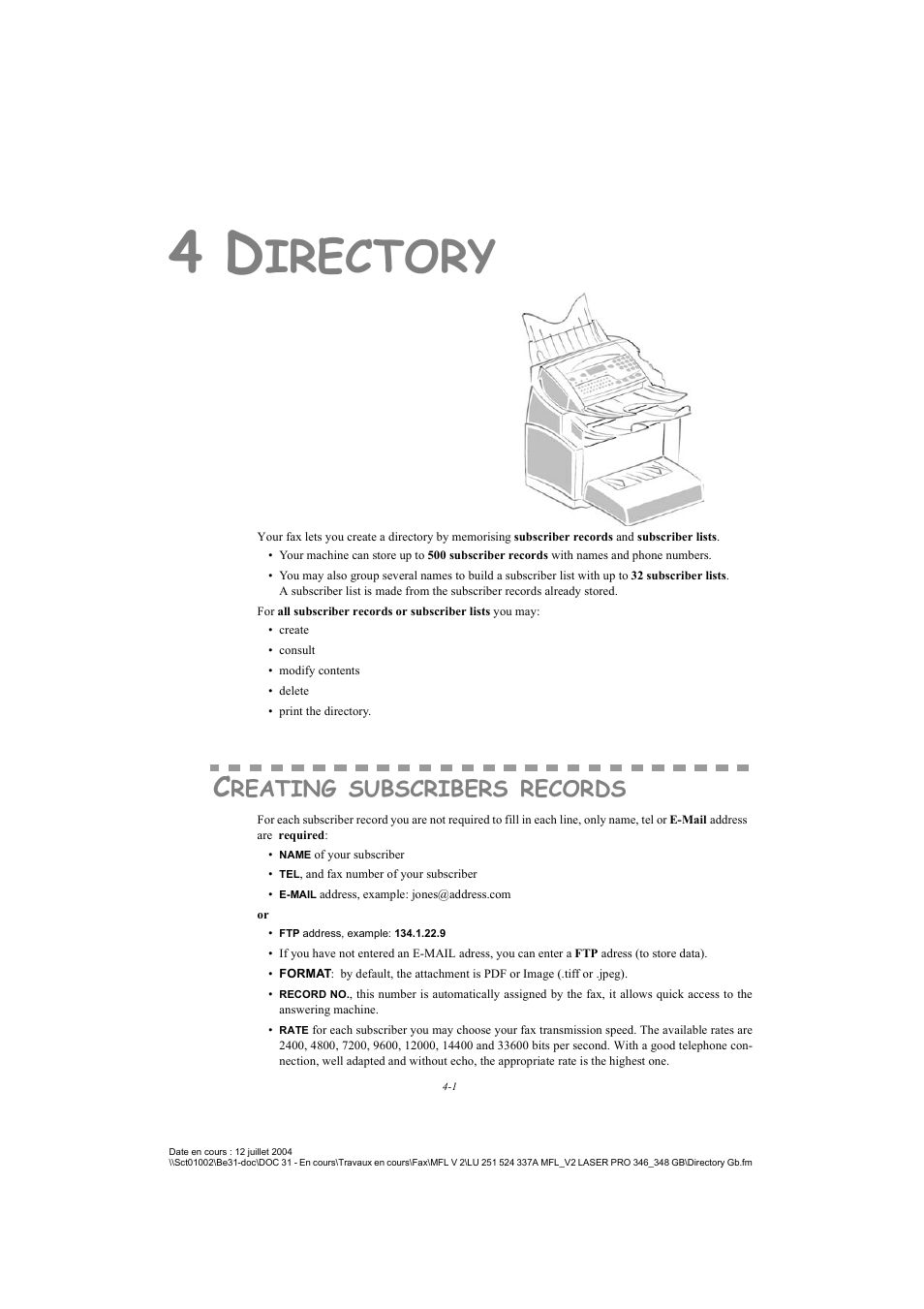 4 directory, Creating subscribers records, P. 4-1 | Irectory, Reating, Subscribers, Records | TA Triumph-Adler FAX 941 User Manual | Page 56 / 115