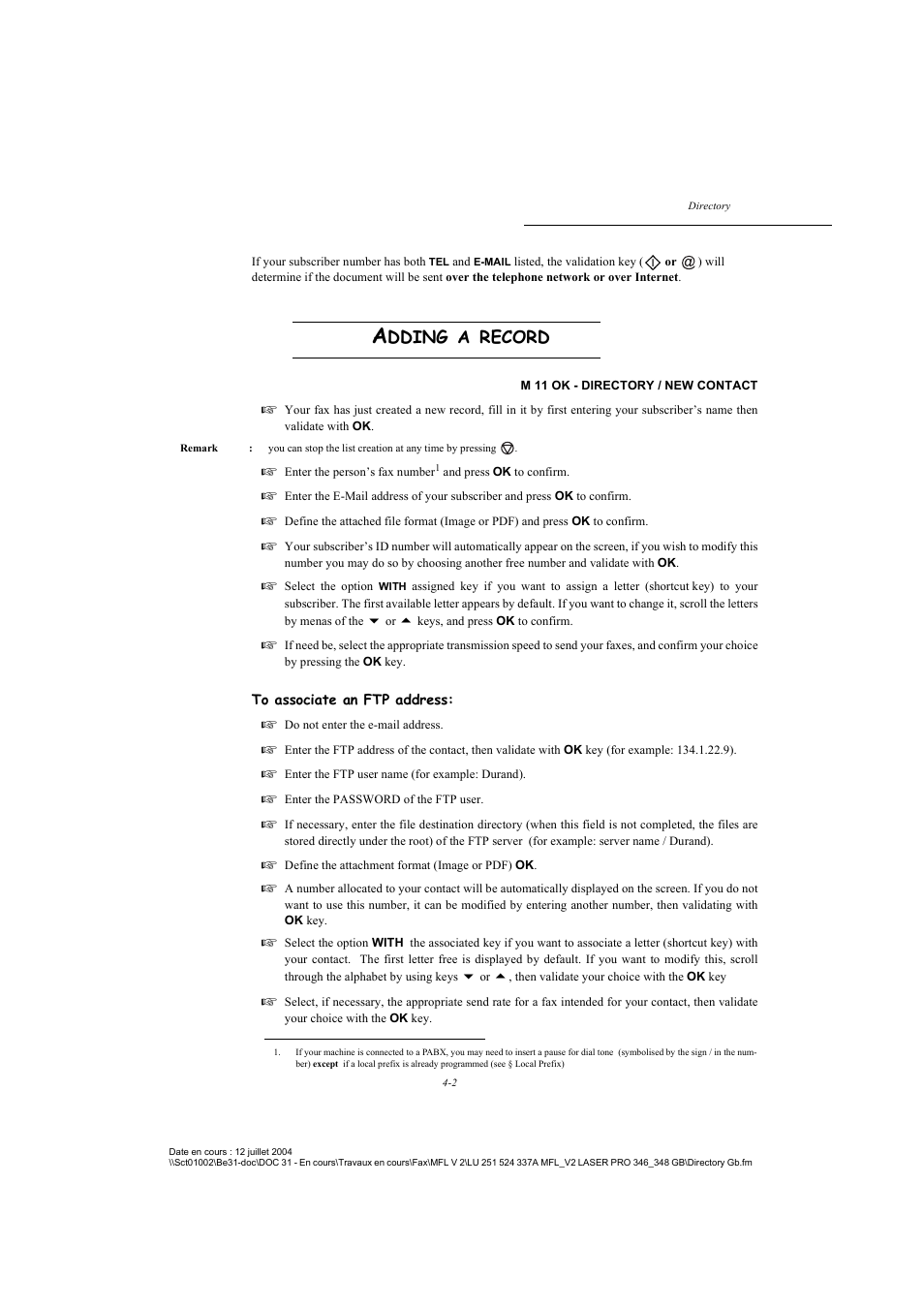 Adding a record, P. 4-2, Dding | Record | TA Triumph-Adler FAX 941 User Manual | Page 57 / 115