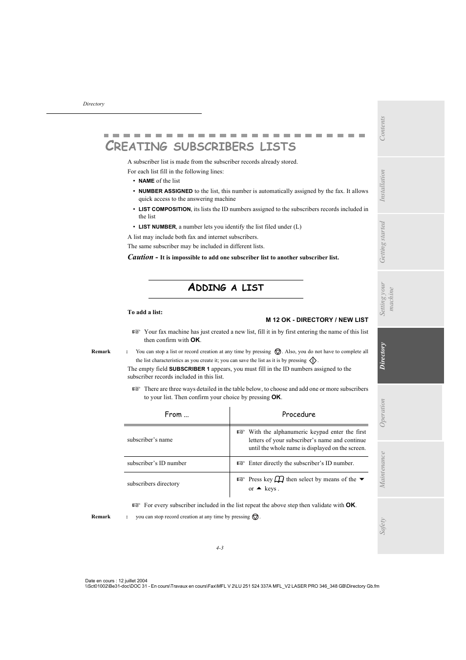 Creating subscribers lists, Adding a list, P. 4-3 | Reating, Subscribers, Lists, Dding, List | TA Triumph-Adler FAX 941 User Manual | Page 58 / 115