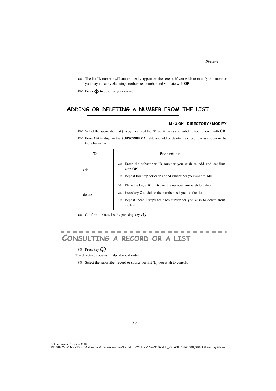 Adding or deleting a number from the list, Consulting a record or a list, Onsulting | Record, List | TA Triumph-Adler FAX 941 User Manual | Page 59 / 115