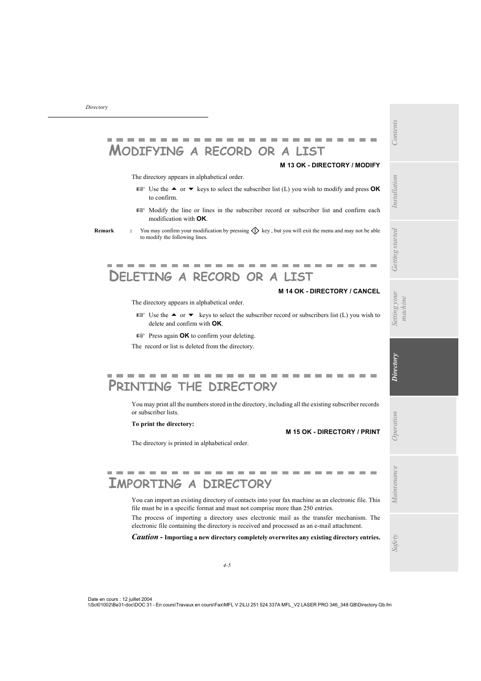 Modifying a record or a list, Deleting a record or a list, Printing the directory | Importing a directory, P. 4-5, Odifying, Record, List, Eleting, Rinting | TA Triumph-Adler FAX 941 User Manual | Page 60 / 115