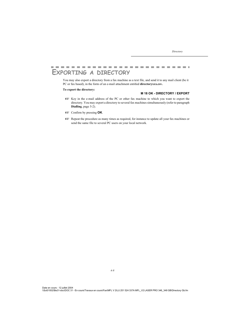 Exporting a directory, P. 4-8, Xporting | Directory | TA Triumph-Adler FAX 941 User Manual | Page 63 / 115