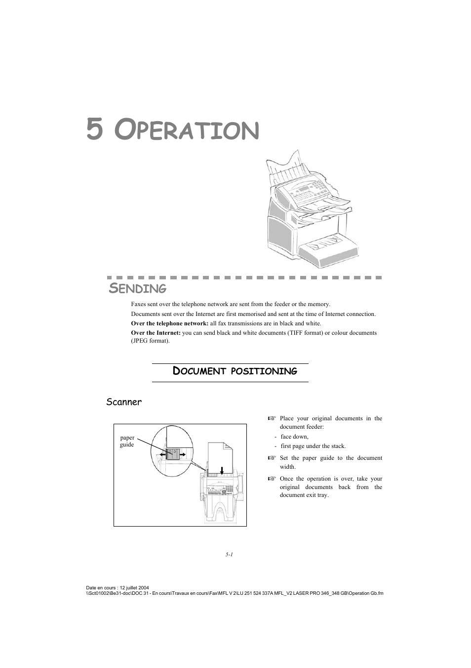 5 operation, Sending, Document positioning | Scanner, Peration, Ending | TA Triumph-Adler FAX 941 User Manual | Page 64 / 115