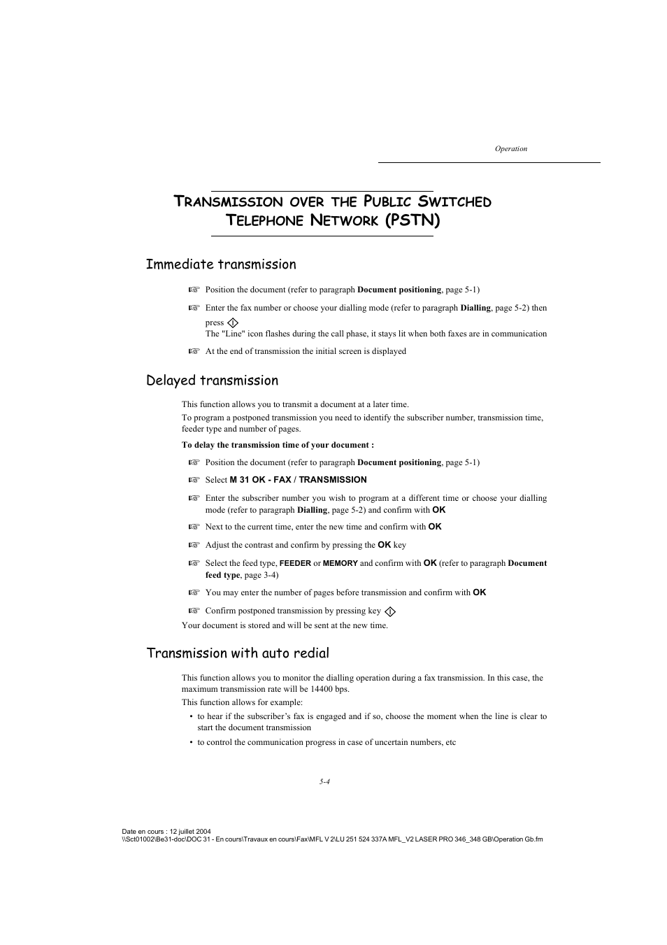 Immediate transmission, Delayed transmission, Transmission with auto redial | P. 5-4, Pstn) | TA Triumph-Adler FAX 941 User Manual | Page 67 / 115