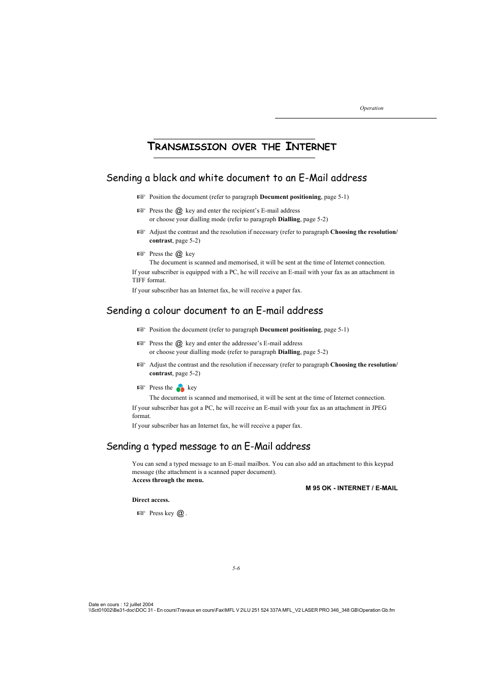 Transmission over the internet, Sending a colour document to an e-mail address, Sending a typed message to an e-mail address | P. 5-6, Ransmission, Over, Nternet | TA Triumph-Adler FAX 941 User Manual | Page 69 / 115