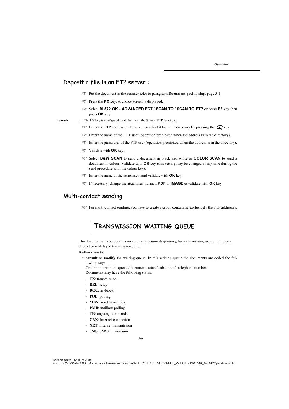 Deposit a file in an ftp server, Multi-contact sending, Transmission waiting queue | Ransmission, Waiting, Queue | TA Triumph-Adler FAX 941 User Manual | Page 71 / 115