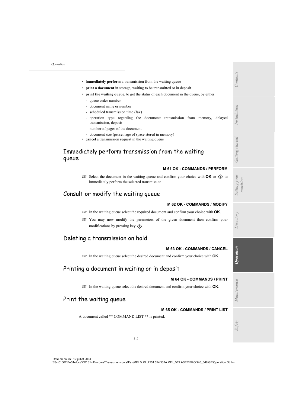 Consult or modify the waiting queue, Deleting a transmission on hold, Printing a document in waiting or in deposit | Print the waiting queue, P. 5-9 | TA Triumph-Adler FAX 941 User Manual | Page 72 / 115