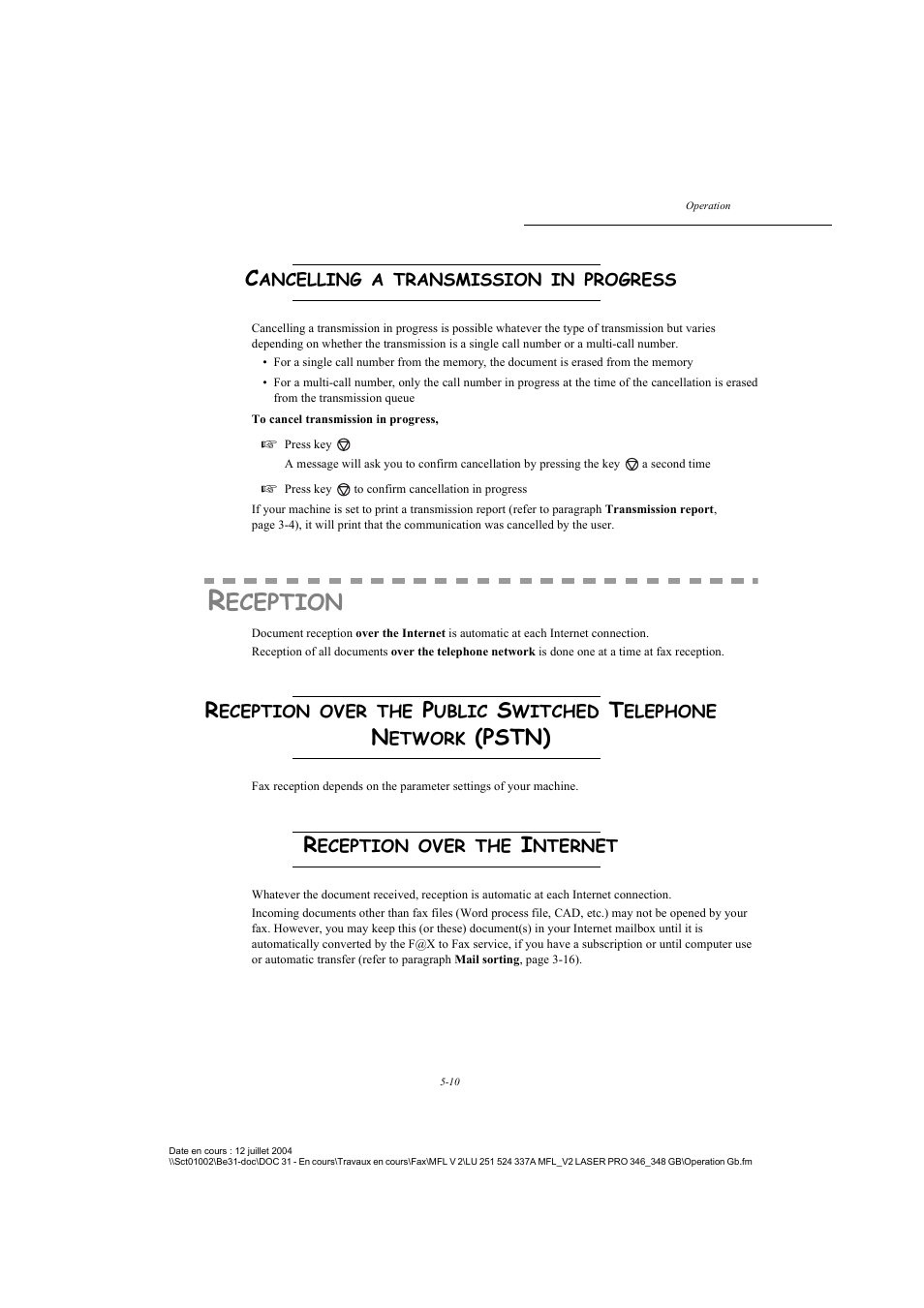 Cancelling a transmission in progress, Reception, Reception over the internet | Eception, Pstn) | TA Triumph-Adler FAX 941 User Manual | Page 73 / 115