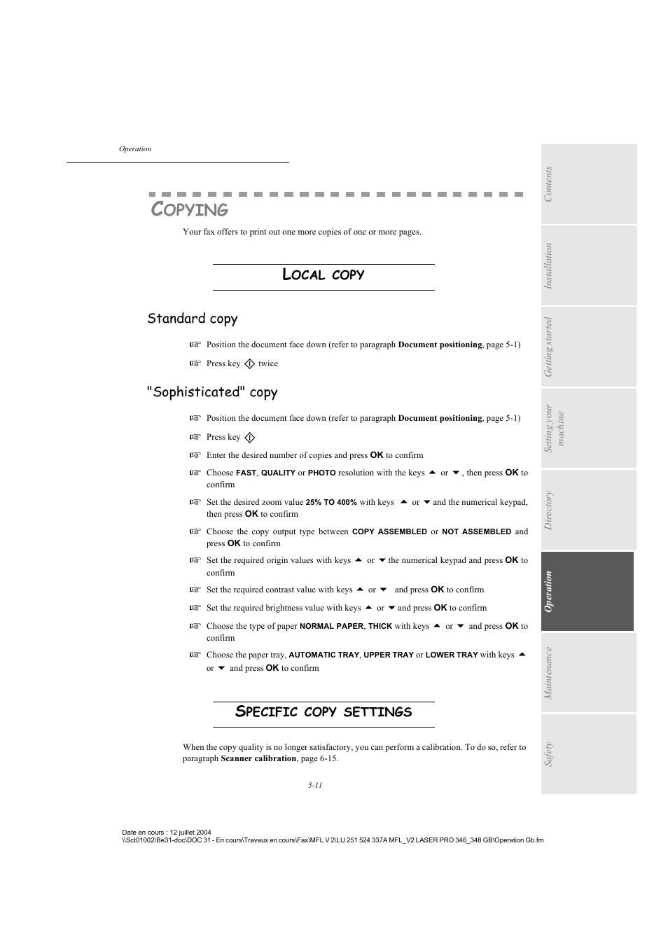 Copying, Local copy, Standard copy | Sophisticated" copy, Specific copy settings, Opying, Ocal, Copy, Pecific, Settings | TA Triumph-Adler FAX 941 User Manual | Page 74 / 115