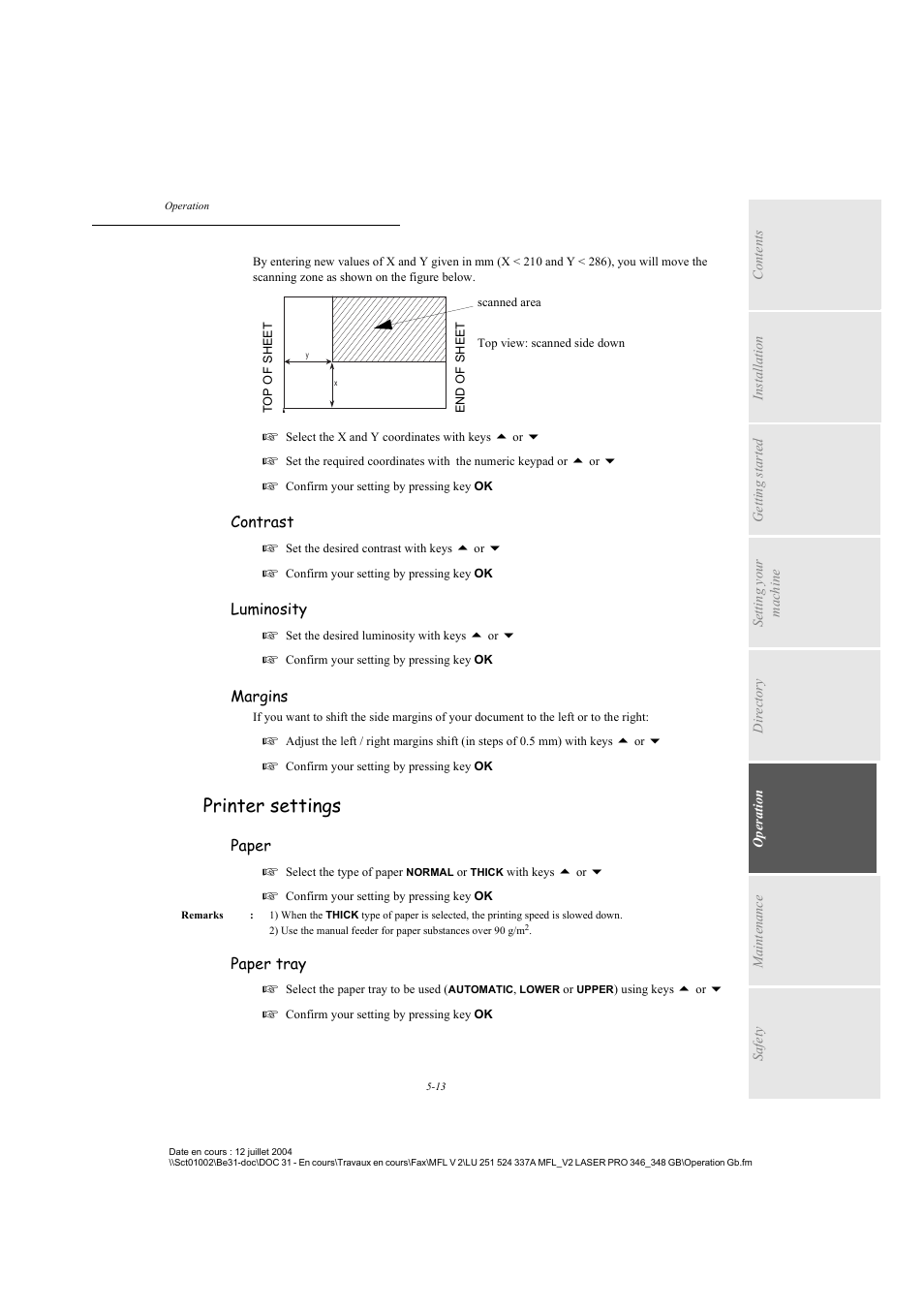 Printer settings, Contrast, Luminosity | Margins, Paper, Paper tray | TA Triumph-Adler FAX 941 User Manual | Page 76 / 115