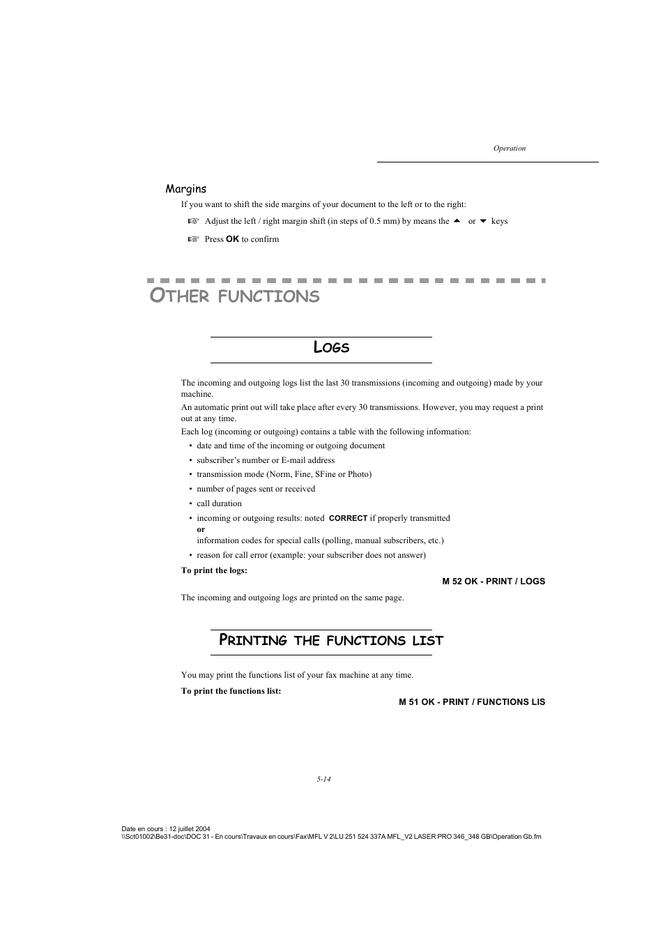 Other functions, Logs, Printing the functions list | P. 5-14, Ther, Functions | TA Triumph-Adler FAX 941 User Manual | Page 77 / 115