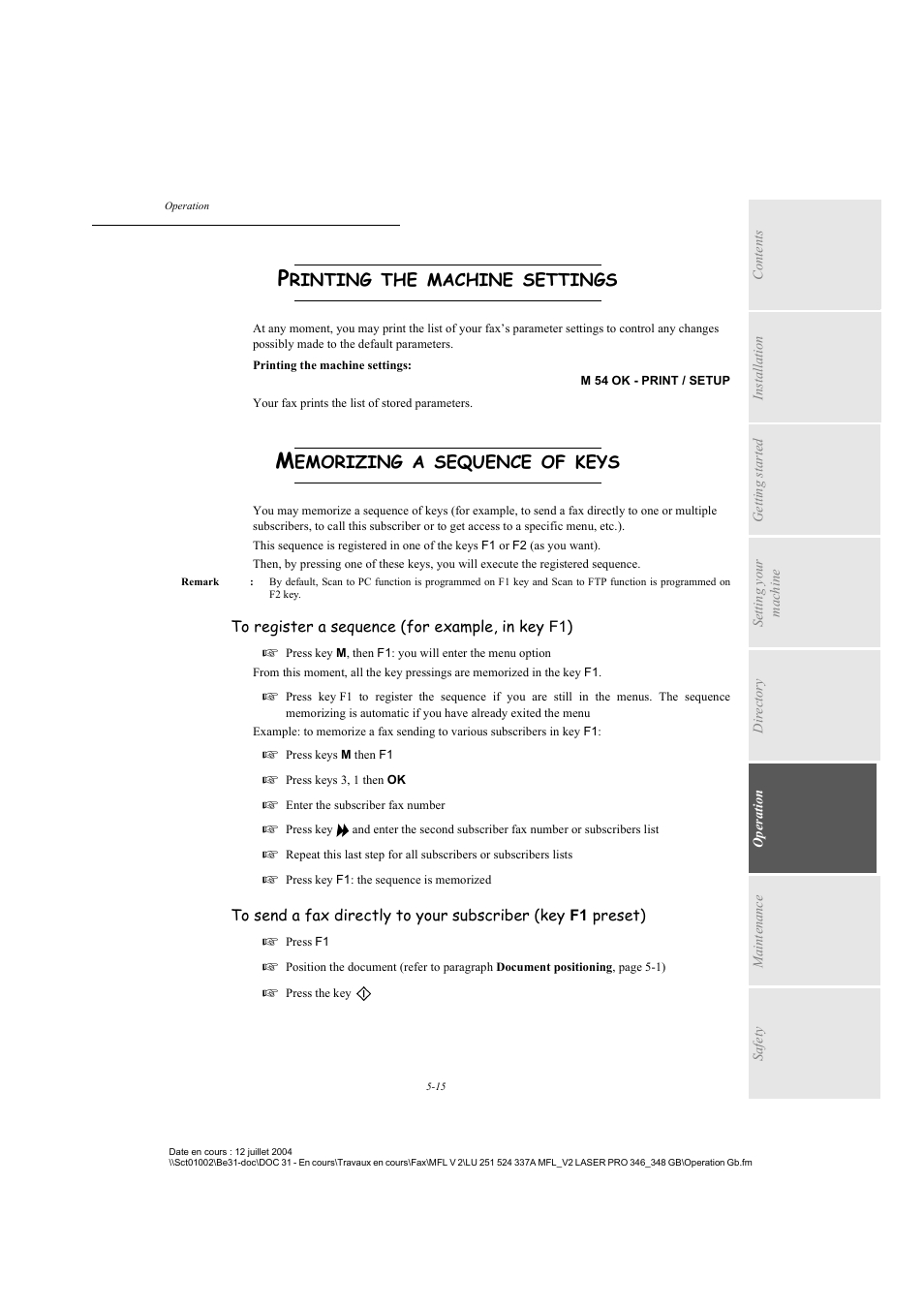 Printing the machine settings, Memorizing a sequence of keys, P. 5-15 | Rinting, Machine, Settings, Emorizing, Sequence, Keys | TA Triumph-Adler FAX 941 User Manual | Page 78 / 115