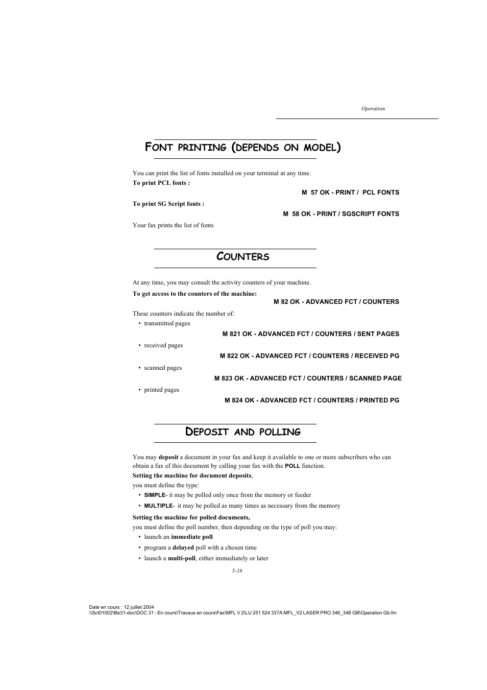 Font printing (depends on model), Counters, Deposit and polling | P. 5-16, Printing, Depends, Model, Ounters, Eposit, Polling | TA Triumph-Adler FAX 941 User Manual | Page 79 / 115