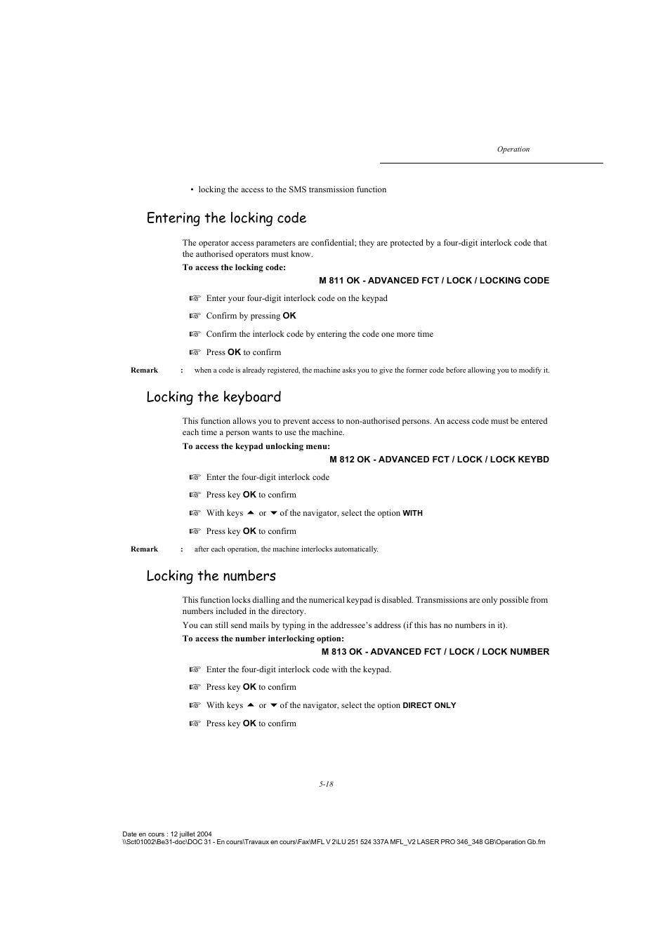 Entering the locking code, Locking the keyboard, Locking the numbers | P. 5-18 | TA Triumph-Adler FAX 941 User Manual | Page 81 / 115