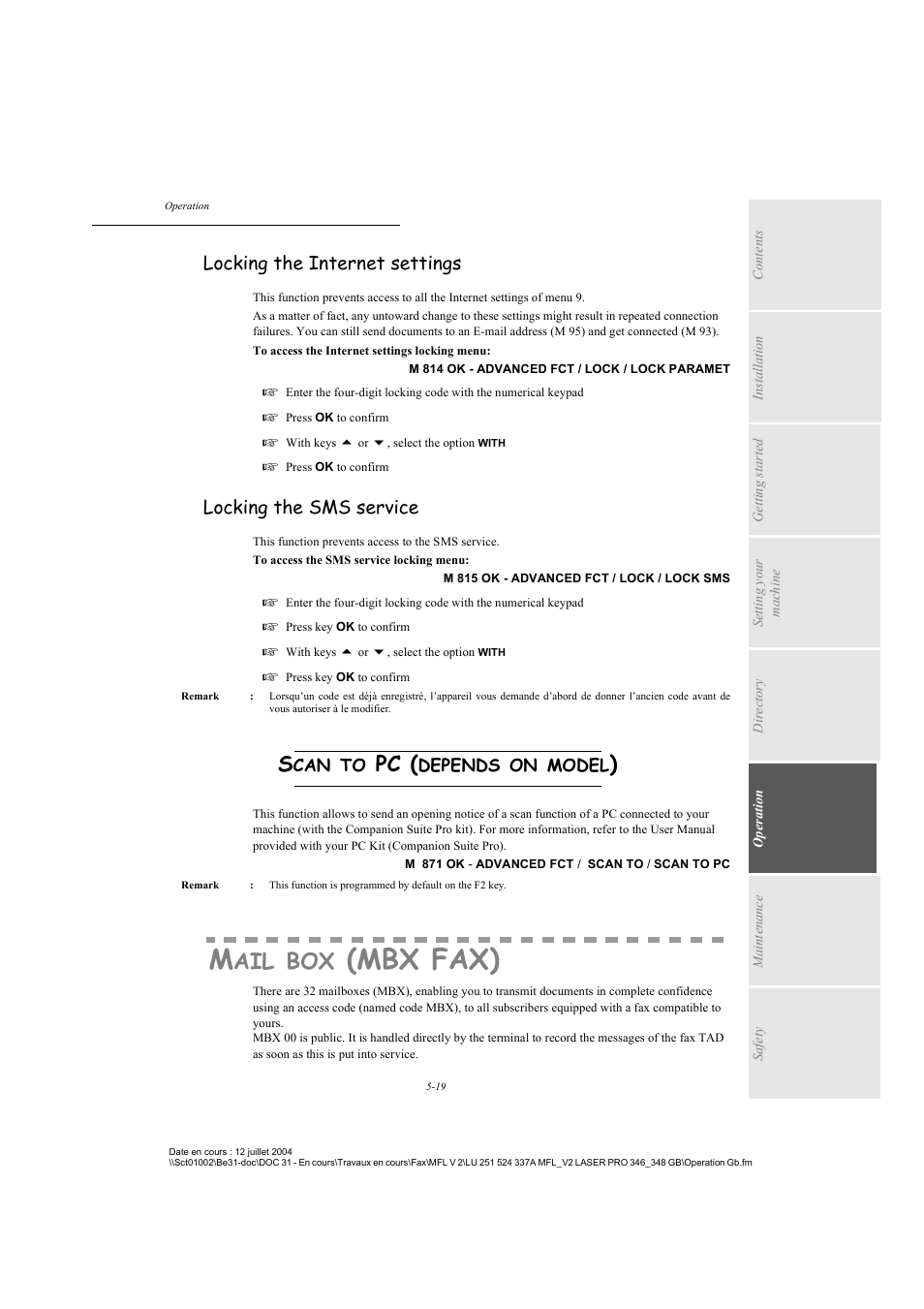 Locking the internet settings, Locking the sms service, Scan to pc (depends on model) | Mail box (mbxfax), P. 5-19, Mbx fax), Depends, Model | TA Triumph-Adler FAX 941 User Manual | Page 82 / 115