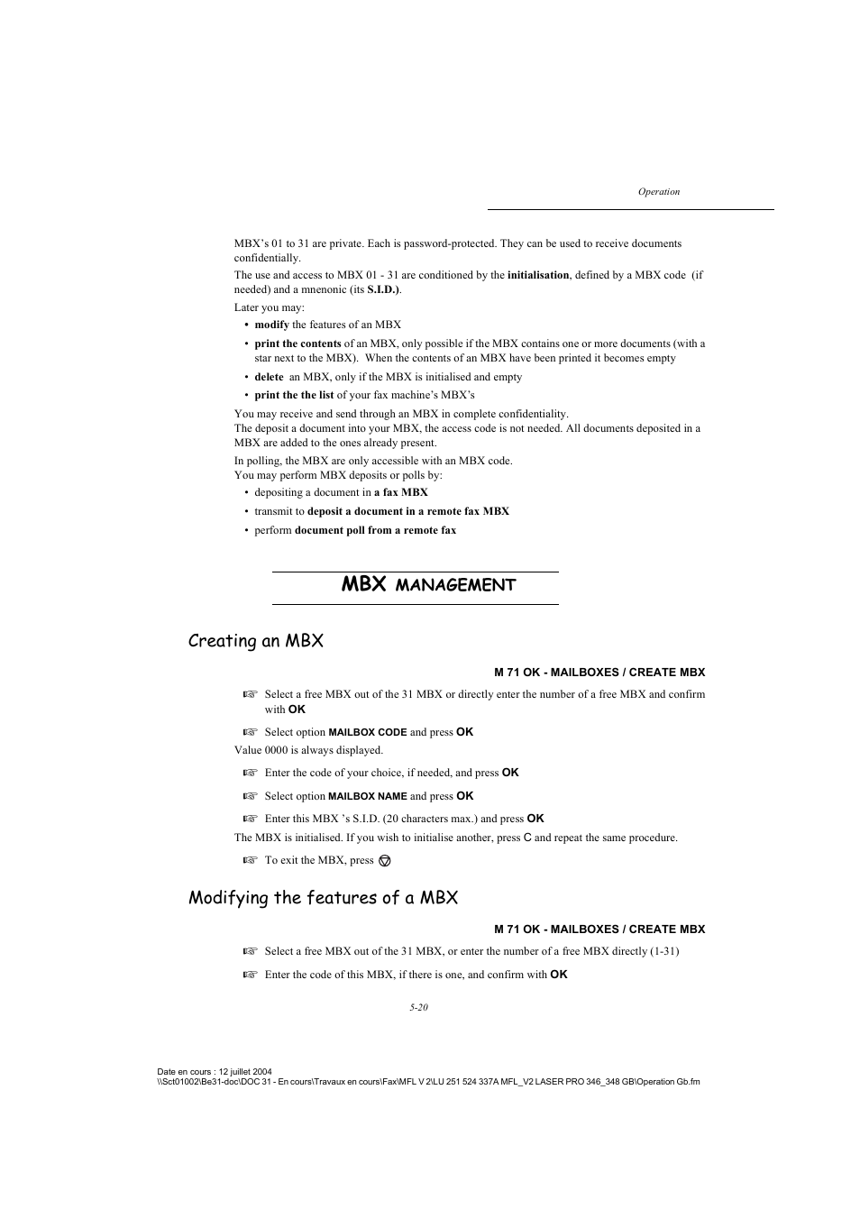 Mbx management, Creating an mbx, Modifying the features of a mbx | P. 5-20, Management | TA Triumph-Adler FAX 941 User Manual | Page 83 / 115
