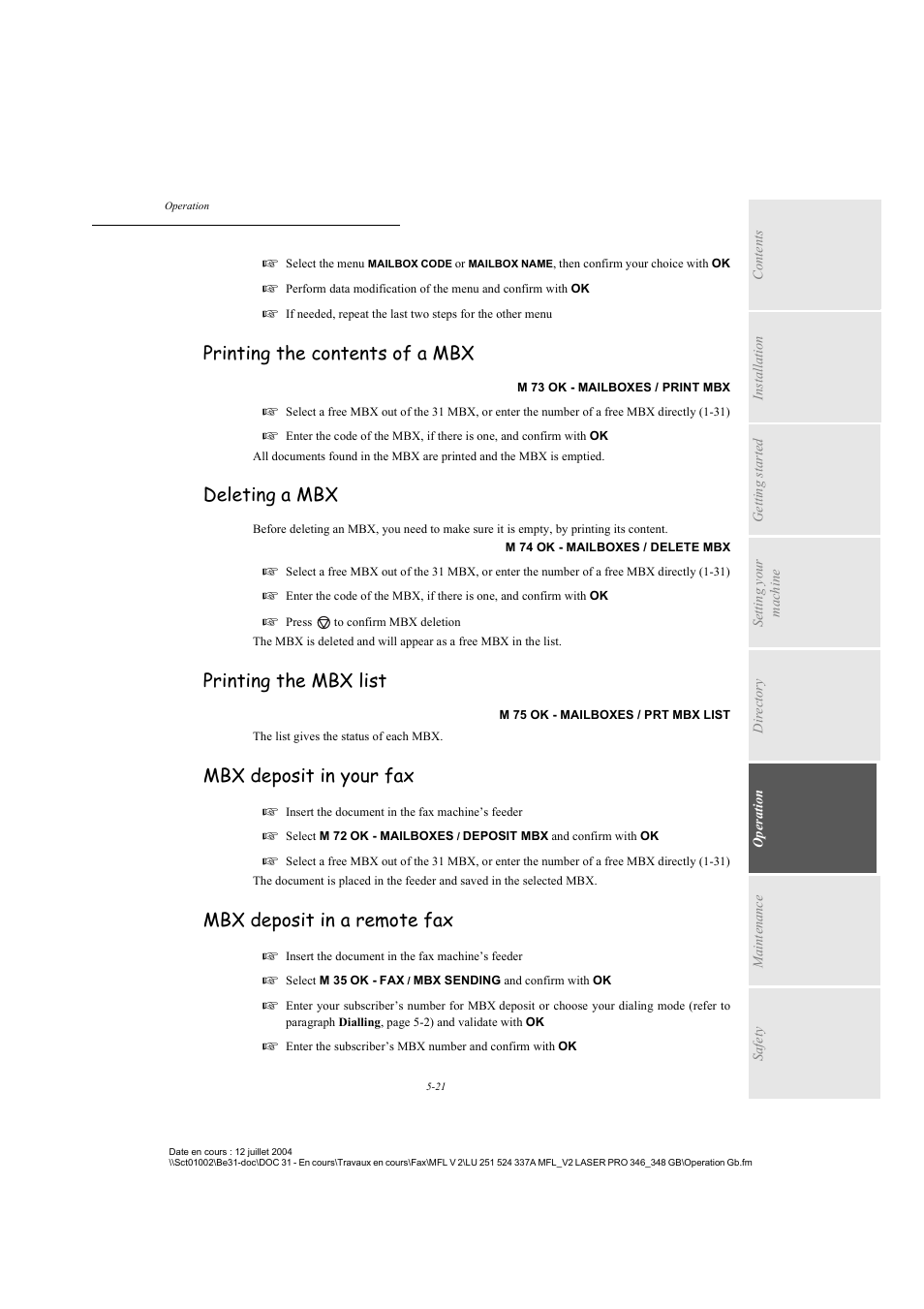 Printing the contents of a mbx, Deleting a mbx, Printing the mbxlist | Mbxdeposit in your fax, Mbxdeposit in a remote fax, P. 5-21, Printing the mbx list, Mbx deposit in your fax, Mbx deposit in a remote fax | TA Triumph-Adler FAX 941 User Manual | Page 84 / 115