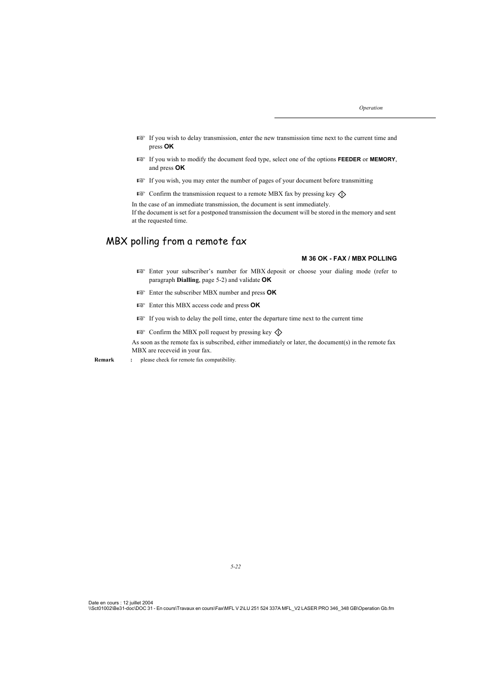 Mbxpolling from a remote fax, P. 5-22, Mbx polling from a remote fax | TA Triumph-Adler FAX 941 User Manual | Page 85 / 115