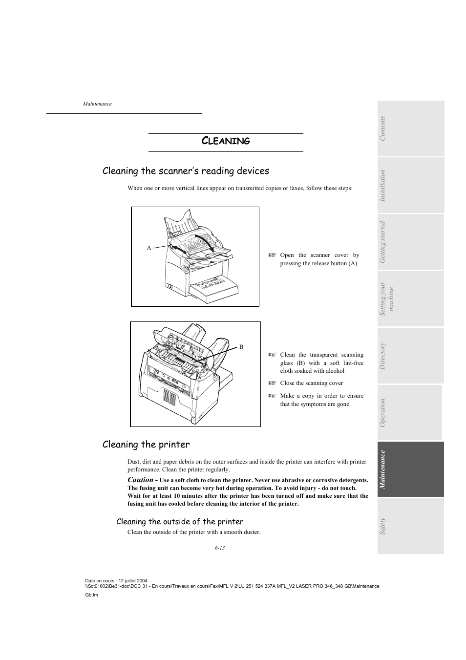 Cleaning, Cleaning the scanner’s reading devices, Cleaning the printer | Leaning | TA Triumph-Adler FAX 941 User Manual | Page 98 / 115