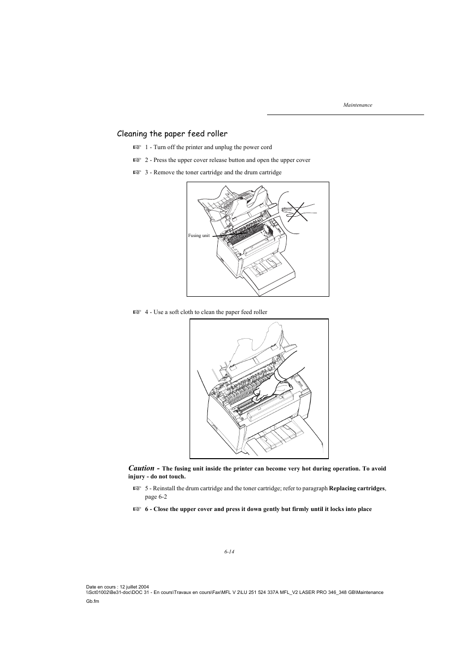 Cleaning the paper feed roller, Caution | TA Triumph-Adler FAX 941 User Manual | Page 99 / 115