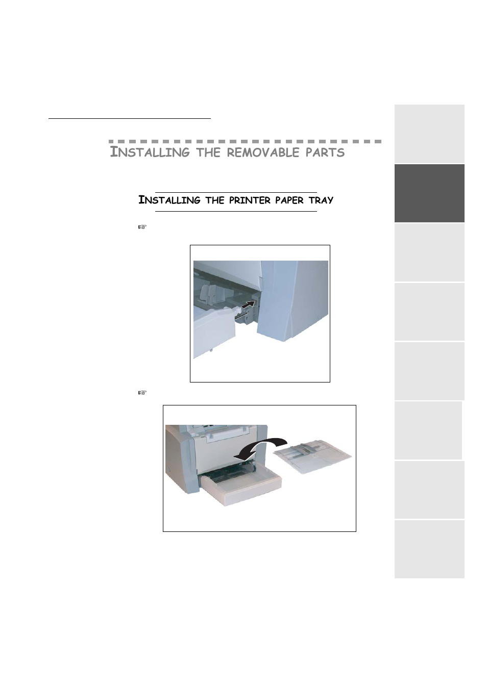 Installing the removable parts, Installing the printer paper tray, Nstalling | Removable, Parts | TA Triumph-Adler FAX 942 User Manual | Page 17 / 132