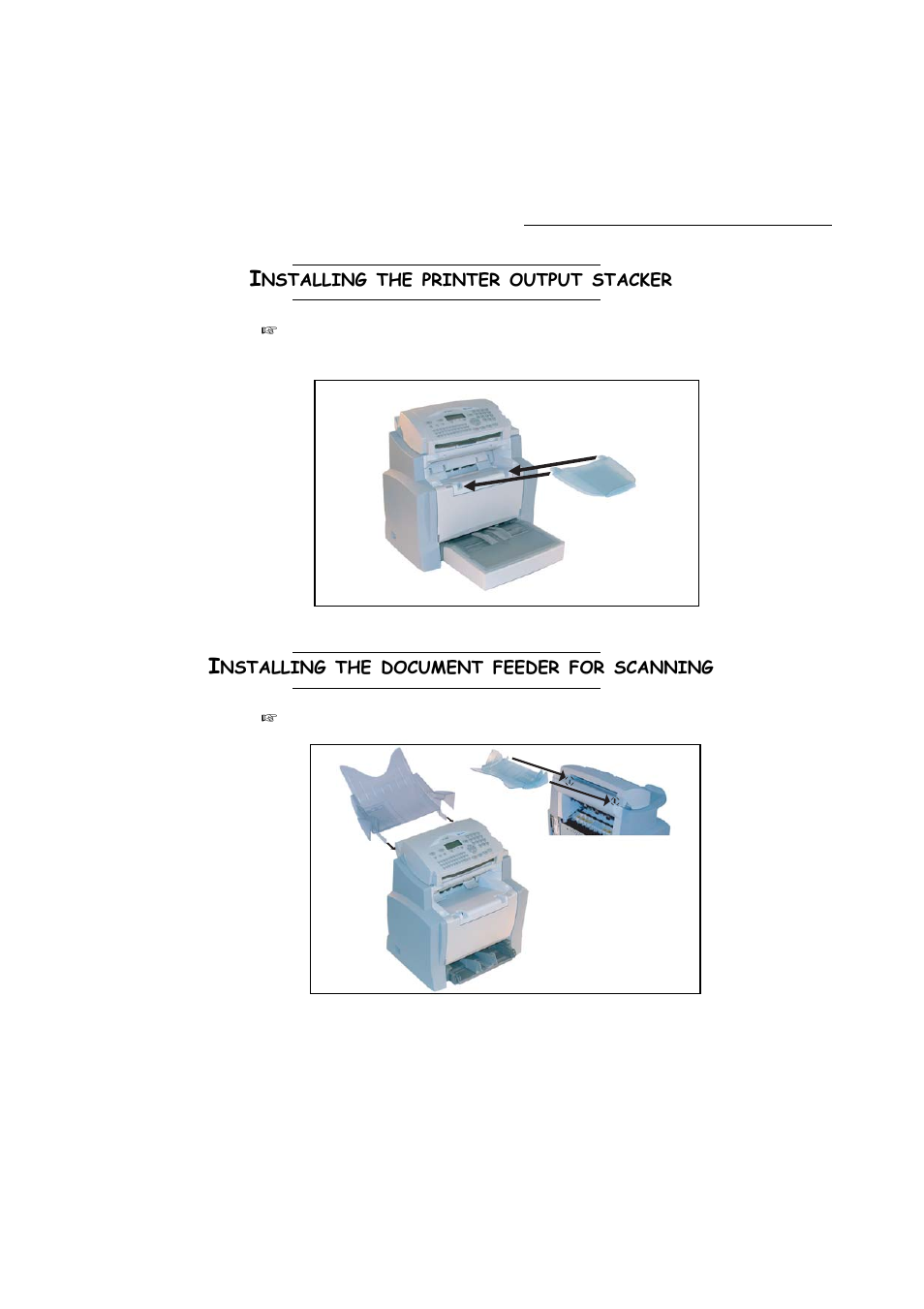 Installing the printer output stacker, Installing the document feeder for scanning | TA Triumph-Adler FAX 942 User Manual | Page 18 / 132