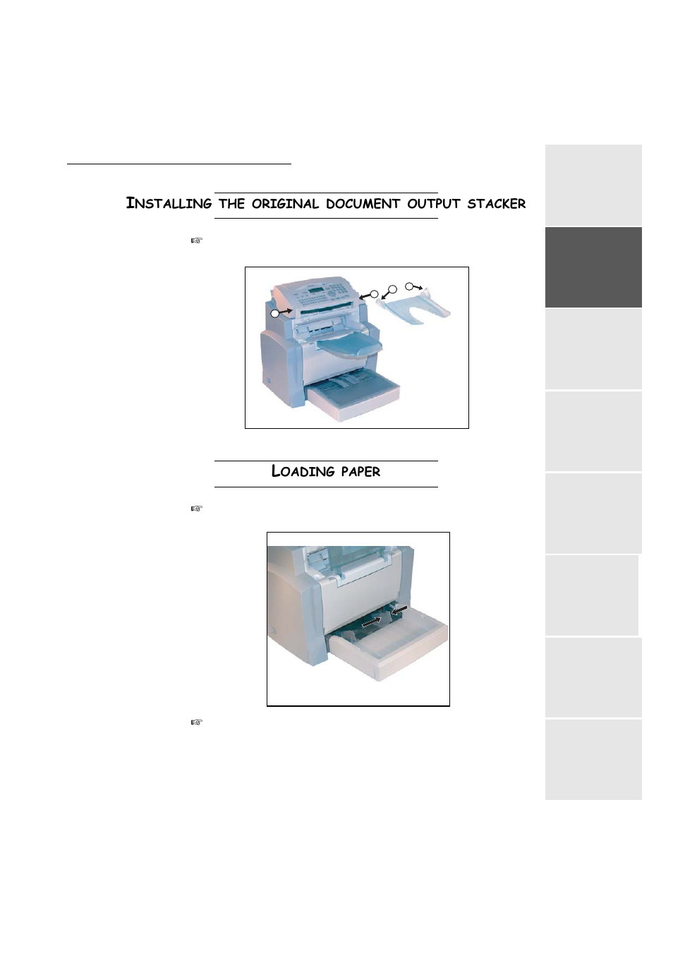 Installing the original document output stacker, Loading paper | TA Triumph-Adler FAX 942 User Manual | Page 19 / 132