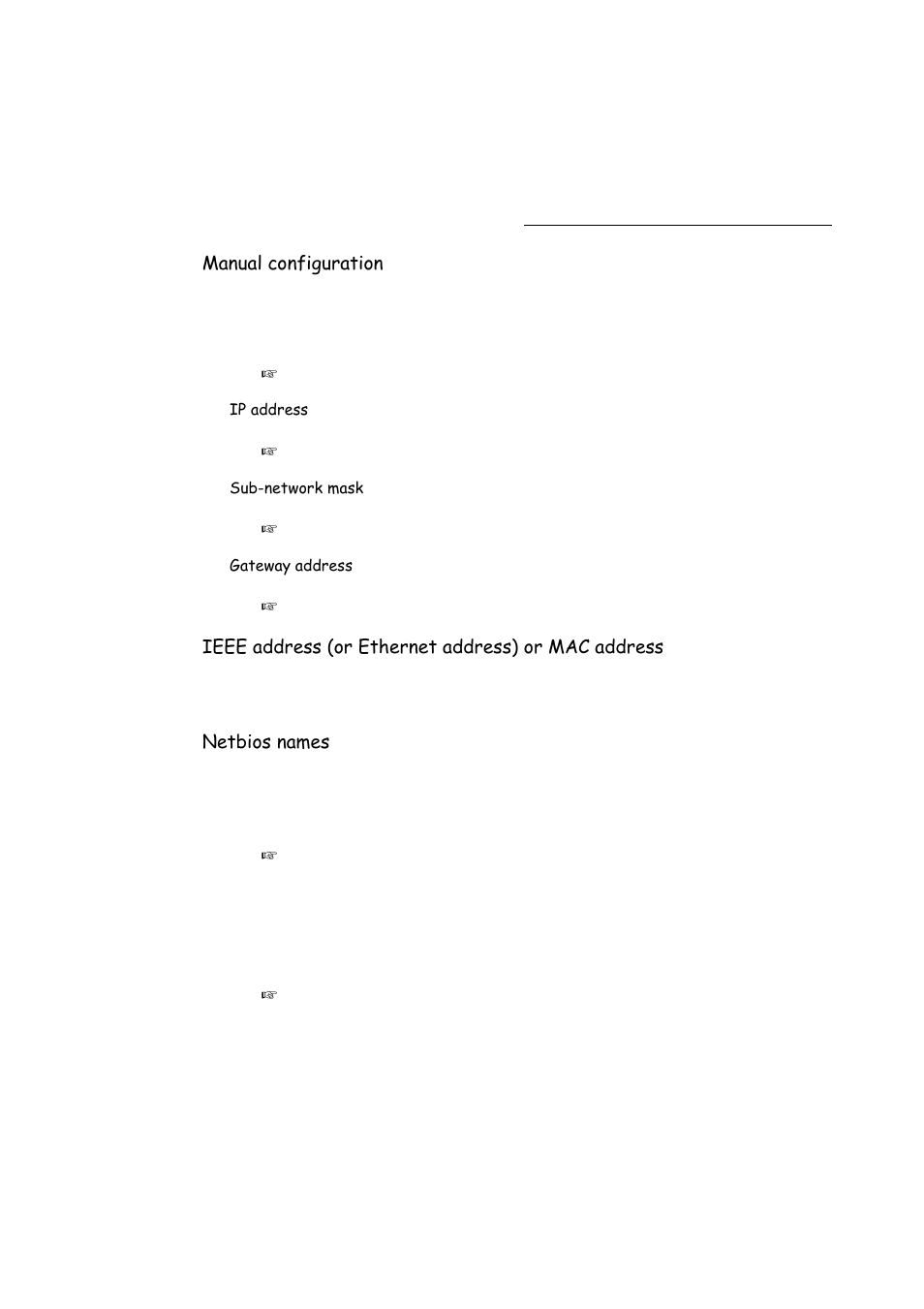 Manual configuration, Ieee address (or ethernet address) or mac address, Netbios names | P. 3-12 | TA Triumph-Adler FAX 942 User Manual | Page 48 / 132