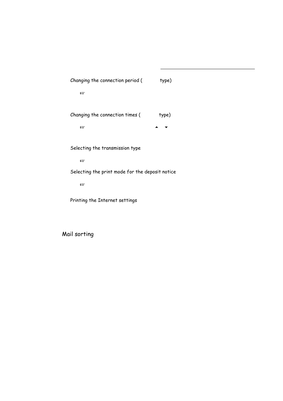 Mail sorting, P. 3-18, Changing the connection period | Type), Changing the connection times, Selecting the transmission type, Selecting the print mode for the deposit notice, Printing the internet settings | TA Triumph-Adler FAX 942 User Manual | Page 54 / 132