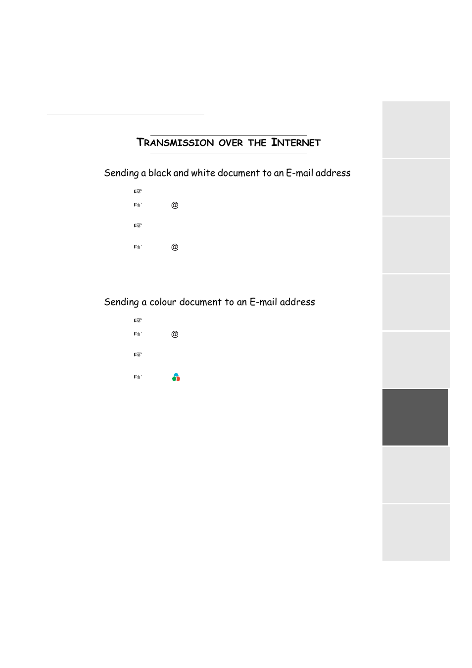 Transmission over the internet, Sending a colour document to an e-mail address, Ransmission | Over, Nternet | TA Triumph-Adler FAX 942 User Manual | Page 77 / 132