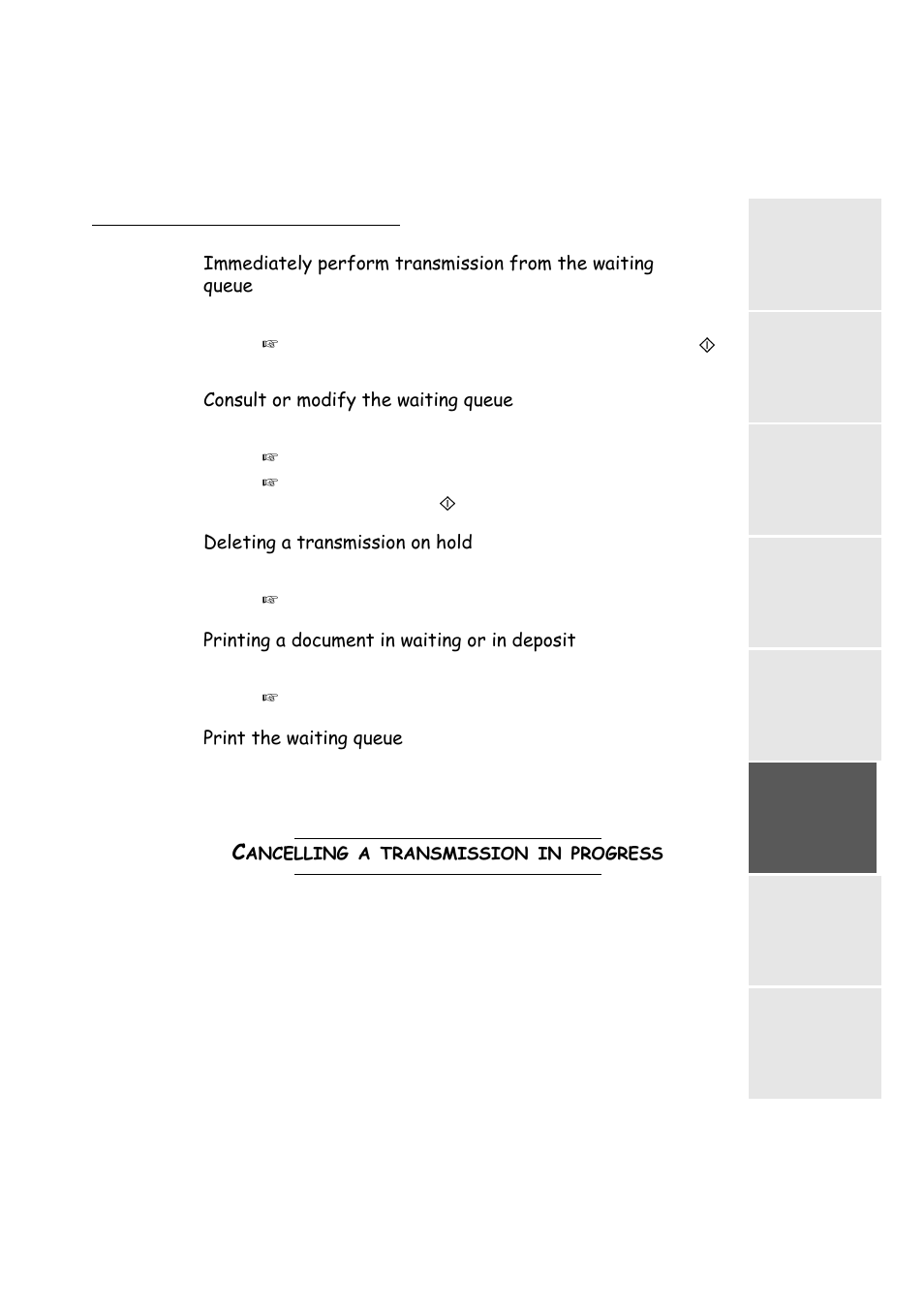 Consult or modify the waiting queue, Deleting a transmission on hold, Printing a document in waiting or in deposit | Print the waiting queue, Cancelling a transmission in progress, P. 5-11, Ancelling, Transmission, Progress | TA Triumph-Adler FAX 942 User Manual | Page 81 / 132