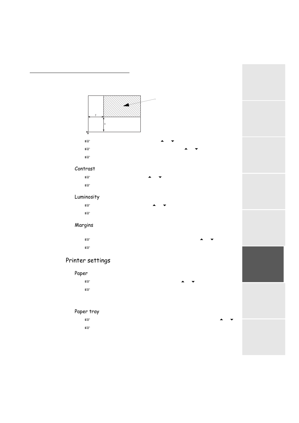 Printer settings, Contrast, Luminosity | Margins, Paper, Paper tray | TA Triumph-Adler FAX 942 User Manual | Page 85 / 132