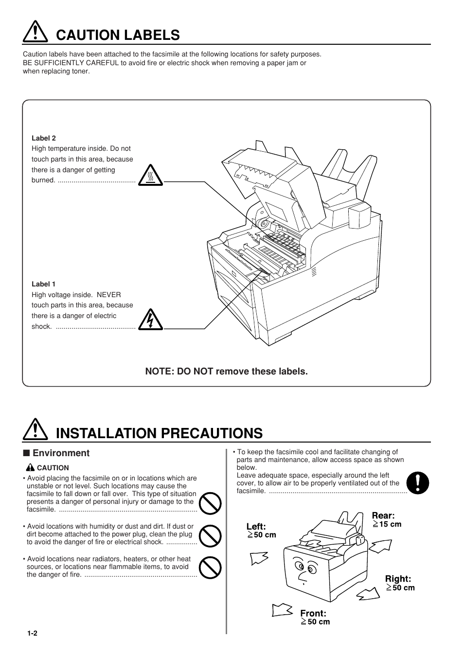 Caution labels, Installation precautions, Caution labels -2 | Installation precautions -2 | TA Triumph-Adler FAX 950 User Manual | Page 10 / 155