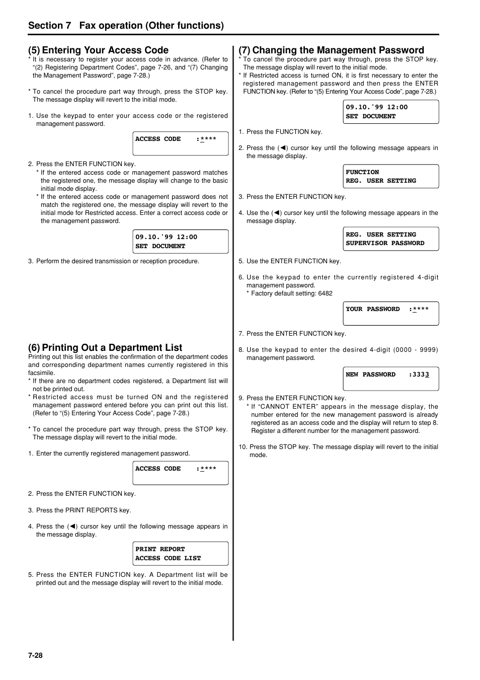 5) entering your access code, 6) printing out the department list, 7) changing the management password | 5) entering your access code -28, 6) printing out the department list -28, 7) changing the management password -28, 6) printing out a department list | TA Triumph-Adler FAX 950 User Manual | Page 100 / 155